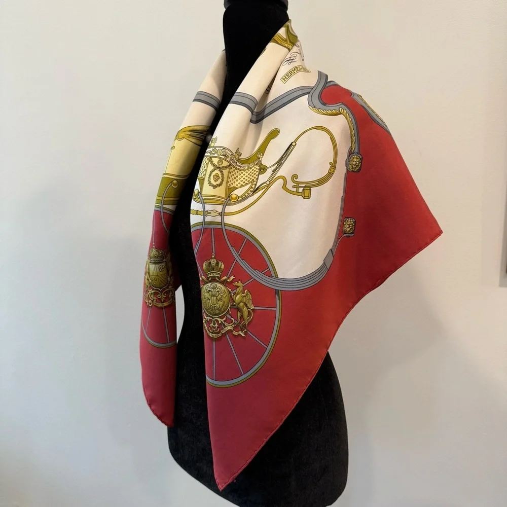 Hermes Silk Scarf 90 Carré Gold Red Equestrian Hand Rolled Made in France